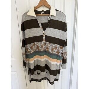 Free People Eloise Tunic Top Long Sleeve Green Brown Floral Striped Sz XS